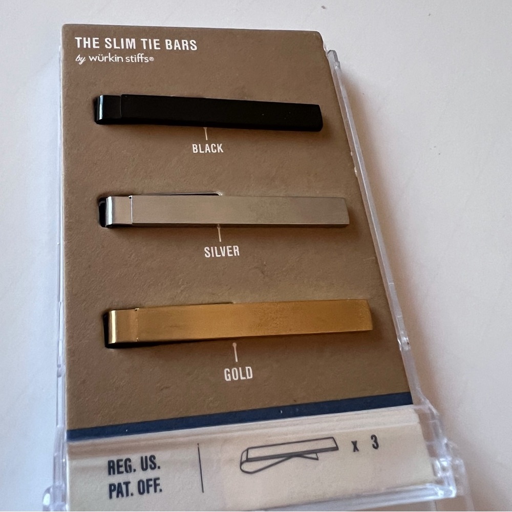 WURKIN STIFFS SET OF 3 THE SLIM TIE BAR BLACK SILVER GOLD NWT